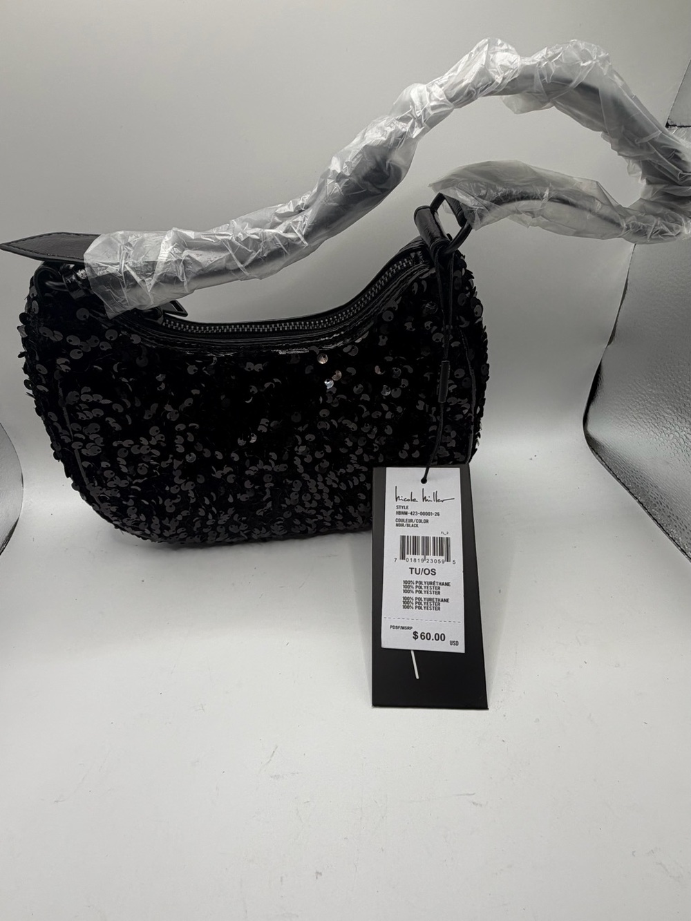 NWT Nicole Miller Black Crescent Shoulder Bag features Black Paillette Sequins